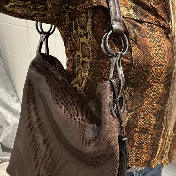 JPK Paris Brown iridescent faux reptile hobo bag with gunmetal hardware. NWOT - Picture 4 of 13